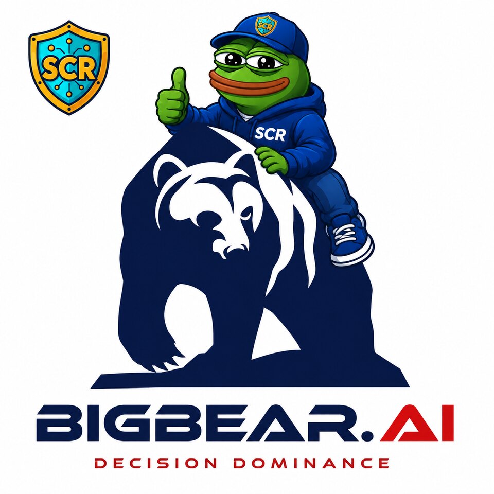 Illustration: the Strategic Crypto Reserve frog mascot giving a thumbs up while riding the BigBear.ai bear logo, for the BBAI stock analysis