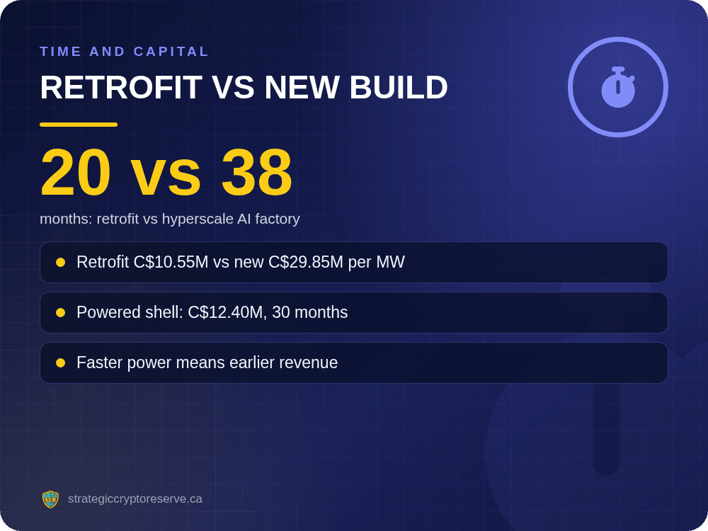Retrofit vs new build: months: retrofit vs hyperscale AI factory