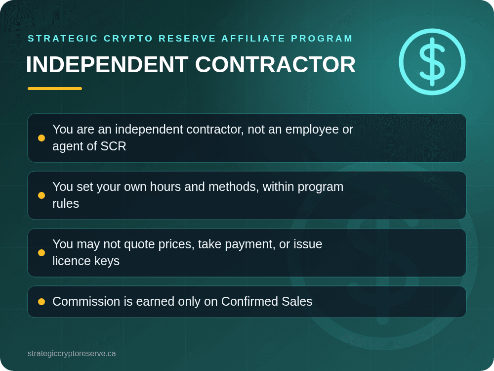 Independent Contractor: key points illustration, Strategic Crypto Reserve Affiliate Program