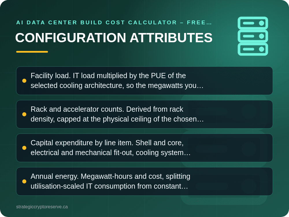 Configuration Attributes: key points illustration, AI Data Center Build Cost Calculator – Free Live Demo