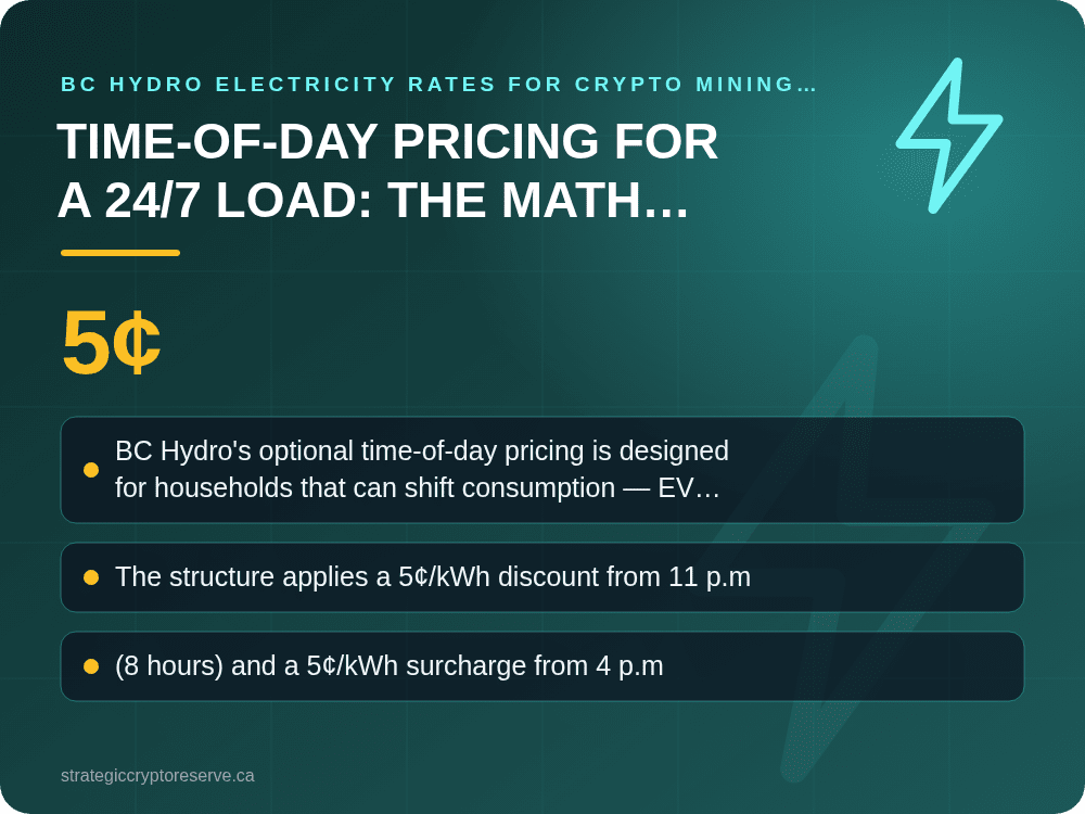 Time-of-Day Pricing for a 24/7 Load: The Math Nobody Publishes: key points illustration, BC Hydro Electricity Rates for Crypto Mining 2026