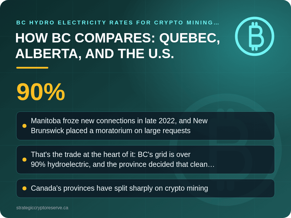 How BC Compares: Quebec, Alberta, and the U.S.: key points illustration, BC Hydro Electricity Rates for Crypto Mining 2026