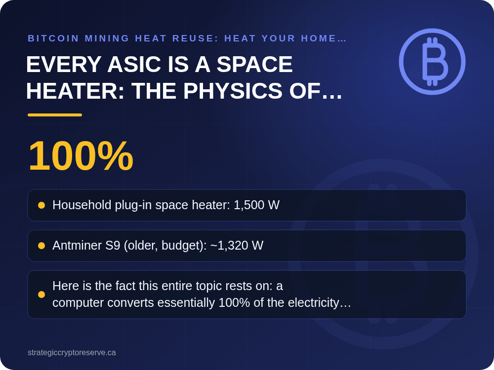 Every ASIC Is a Space Heater: The Physics of Mining Heat: key points illustration, Bitcoin Mining Heat Reuse: Heat Your Home with ASIC Miners in BC