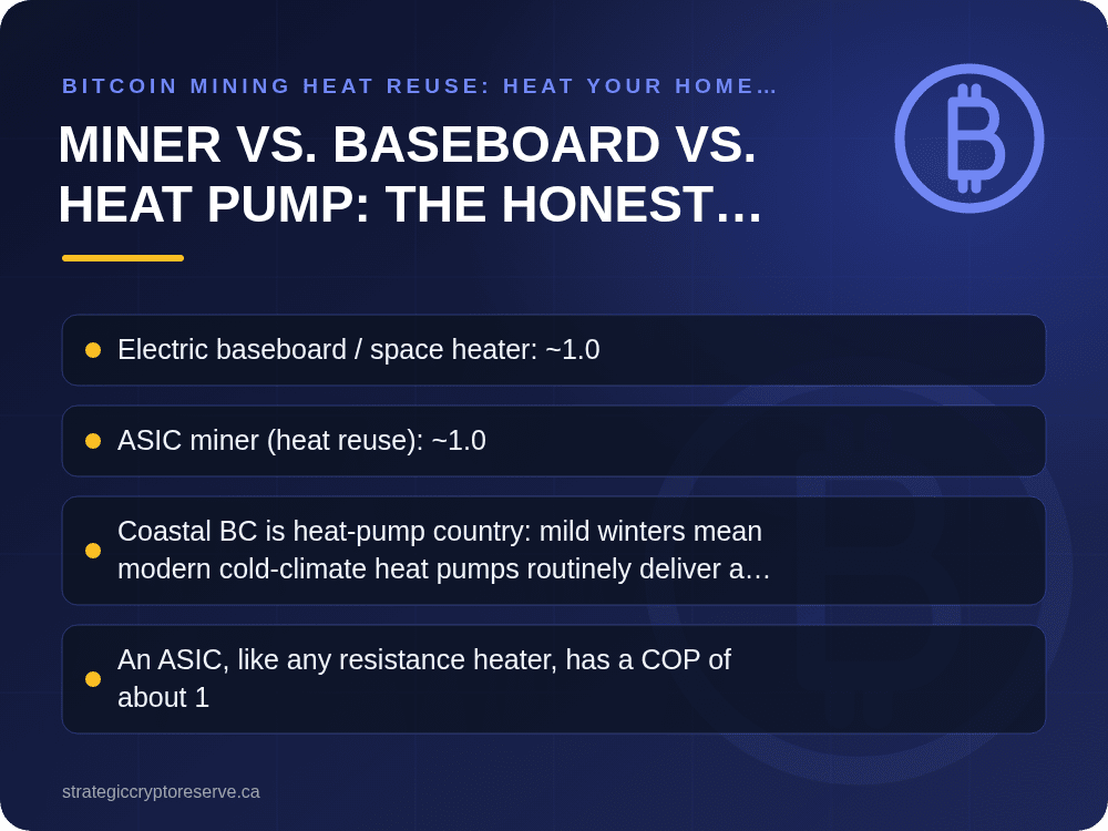 Miner vs. Baseboard vs. Heat Pump: The Honest Comparison: key points illustration, Bitcoin Mining Heat Reuse: Heat Your Home with ASIC Miners in BC