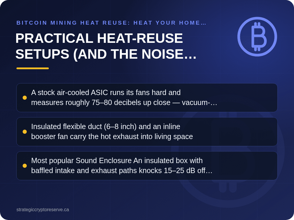Practical Heat-Reuse Setups (and the Noise Problem): key points illustration, Bitcoin Mining Heat Reuse: Heat Your Home with ASIC Miners in BC