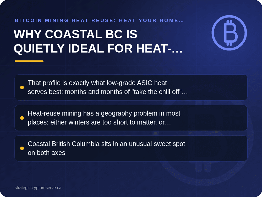 Why Coastal BC Is Quietly Ideal for Heat-Reuse Mining: key points illustration, Bitcoin Mining Heat Reuse: Heat Your Home with ASIC Miners in BC