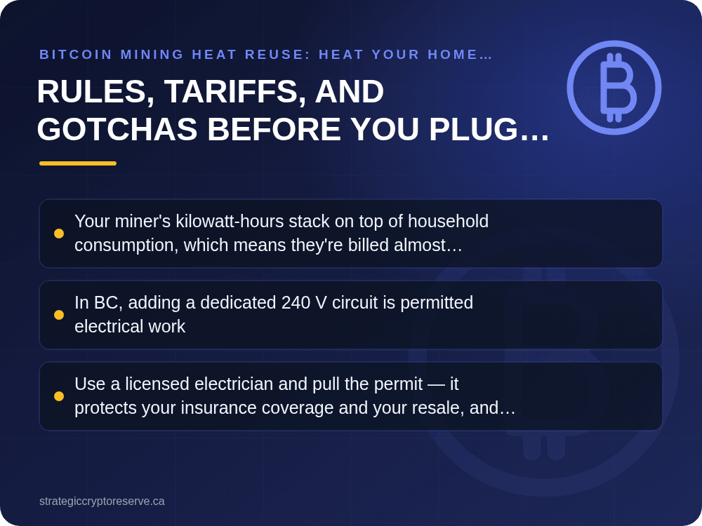 Rules, Tariffs, and Gotchas Before You Plug In: key points illustration, Bitcoin Mining Heat Reuse: Heat Your Home with ASIC Miners in BC