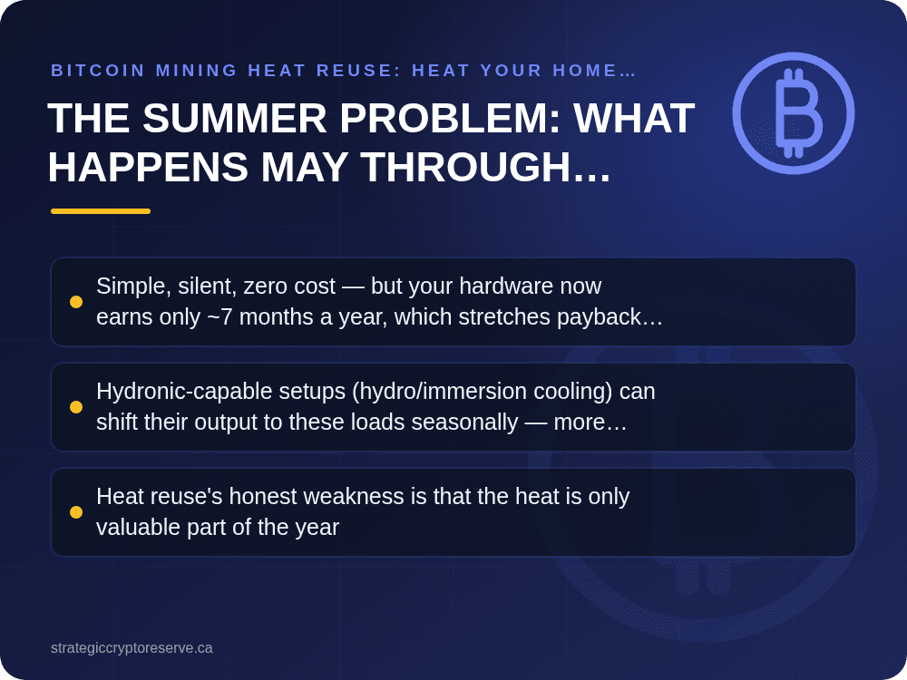 The Summer Problem: What Happens May Through September: key points illustration, Bitcoin Mining Heat Reuse: Heat Your Home with ASIC Miners in BC