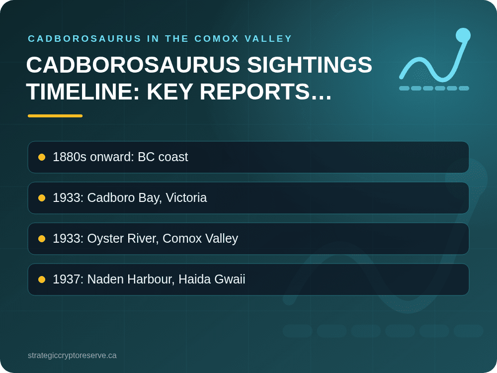 Cadborosaurus Sightings Timeline: Key Reports, 1880s–2025: key points illustration, Cadborosaurus in the Comox Valley