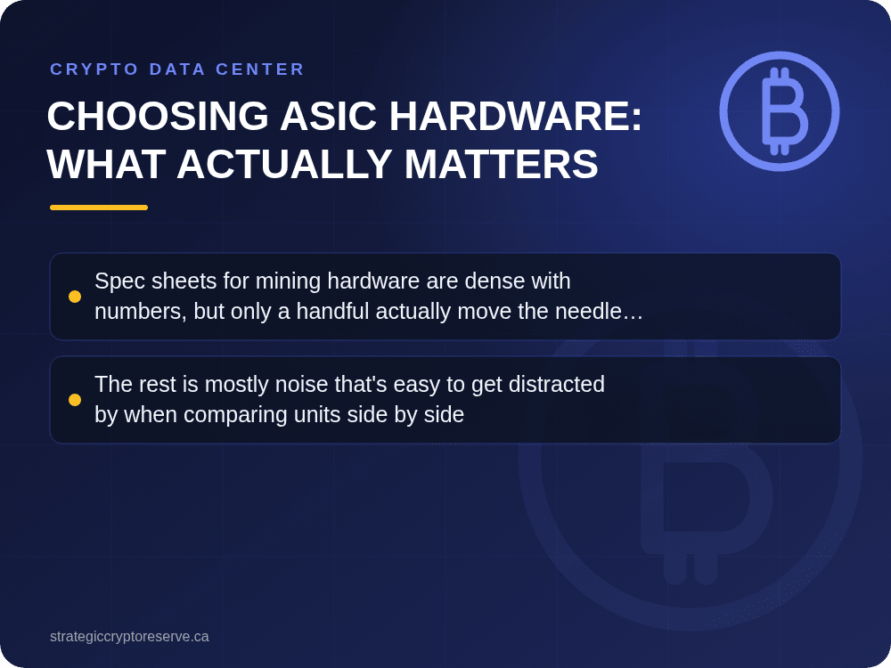 Choosing ASIC Hardware: What Actually Matters: key points illustration, Crypto Data Center