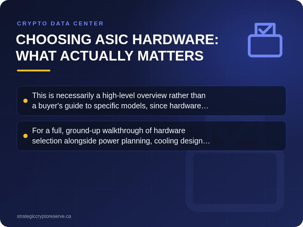 Choosing ASIC Hardware: What Actually Matters: key points illustration, Crypto Data Center