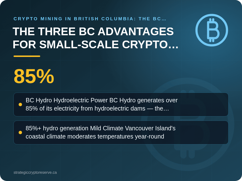 The Three BC Advantages for Small-Scale Crypto Mining: key points illustration, Crypto Mining in British Columbia: The BC Hydro Advantage 2026