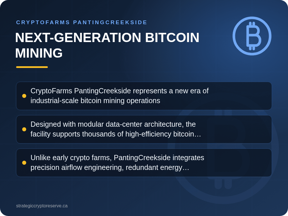 Next-Generation Bitcoin Mining: key points illustration, CryptoFarms PantingCreekside