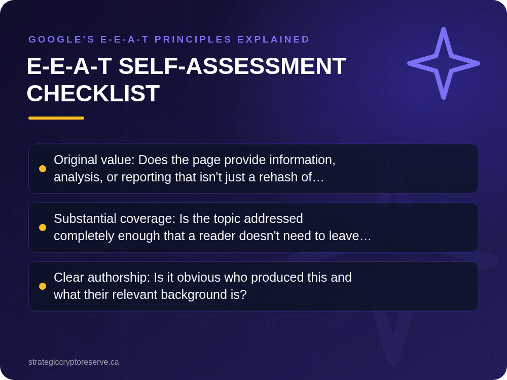 E-E-A-T Self-Assessment Checklist: key points illustration, Google's E-E-A-T Principles Explained