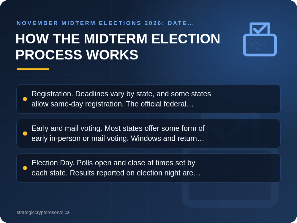 How the Midterm Election Process Works: key points illustration, November Midterm Elections 2026: Date, Ballot, Key Races & Markets