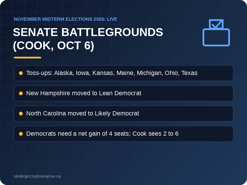 Who Is Likely on the Ballot: Senate Battlegrounds: key points illustration, November Midterm Elections 2026: Date, Ballot, Key Races & Markets