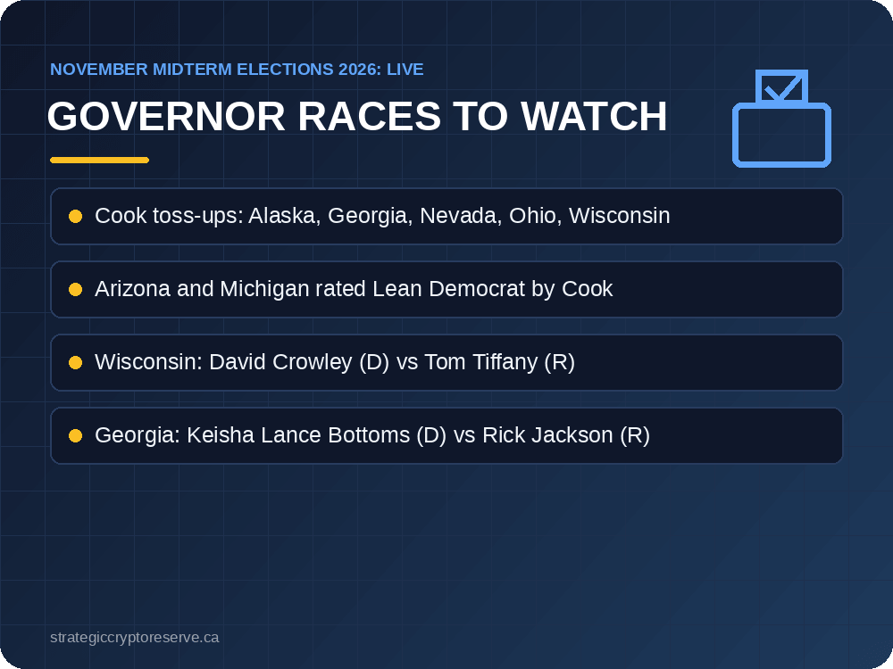 Governor Races to Watch: key points illustration, November Midterm Elections 2026: Date, Ballot, Key Races & Markets