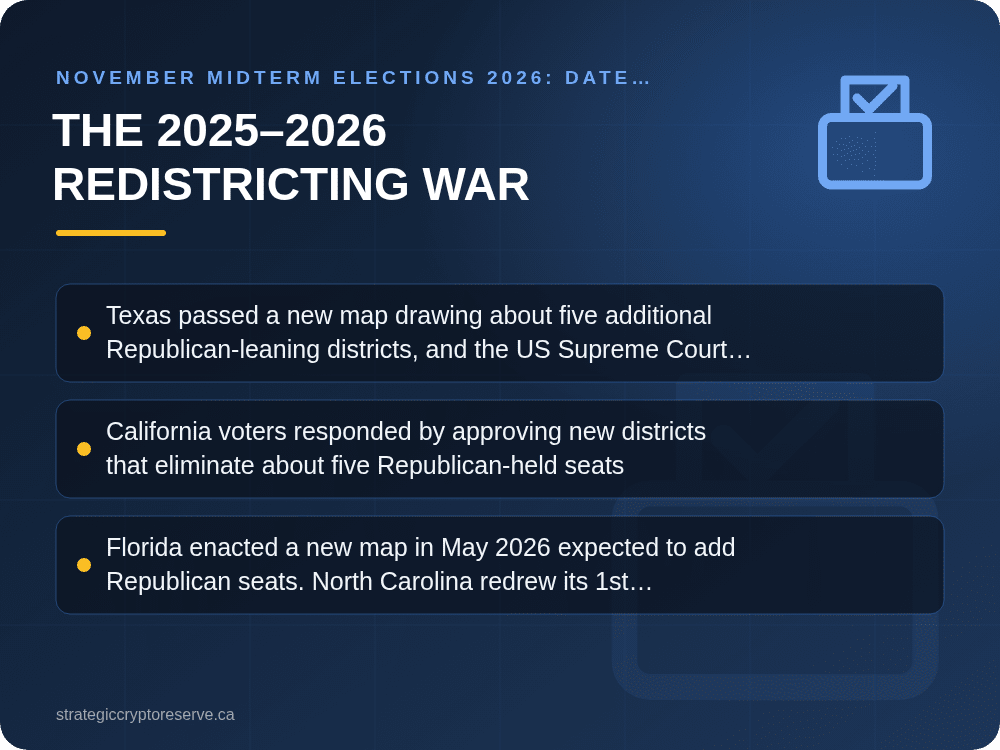 The 2025–2026 Redistricting War: key points illustration, November Midterm Elections 2026: Date, Ballot, Key Races & Markets