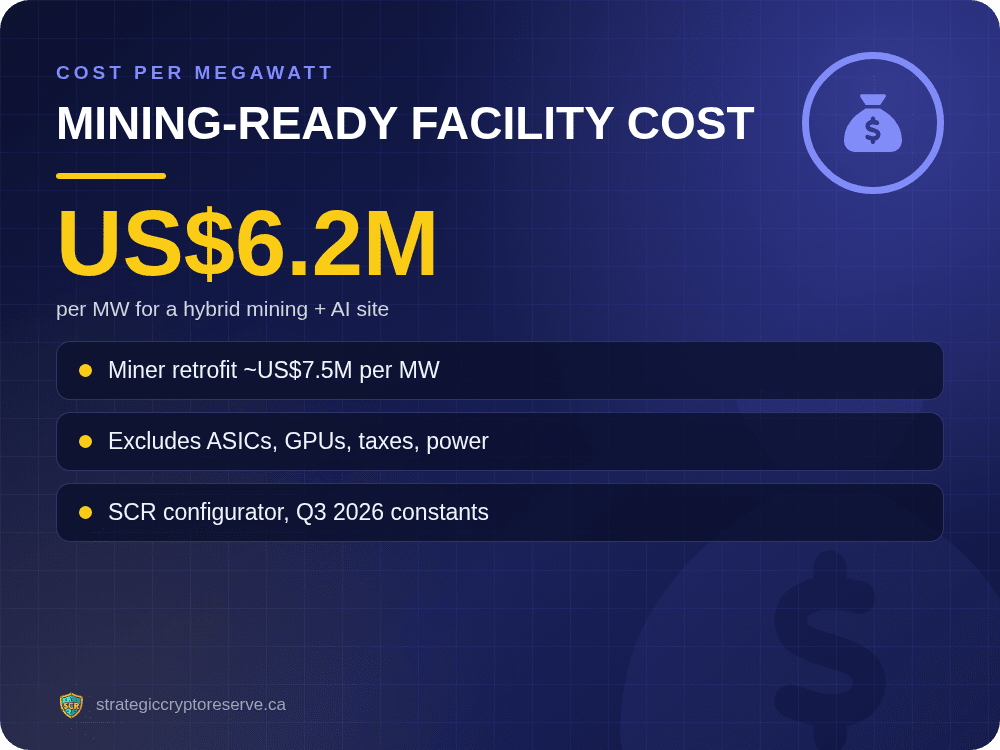 Mining-ready facility cost: per MW for a hybrid mining + AI site