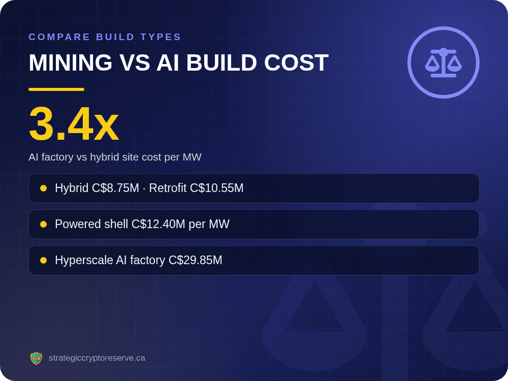 Mining vs AI build cost: AI factory vs hybrid site cost per MW