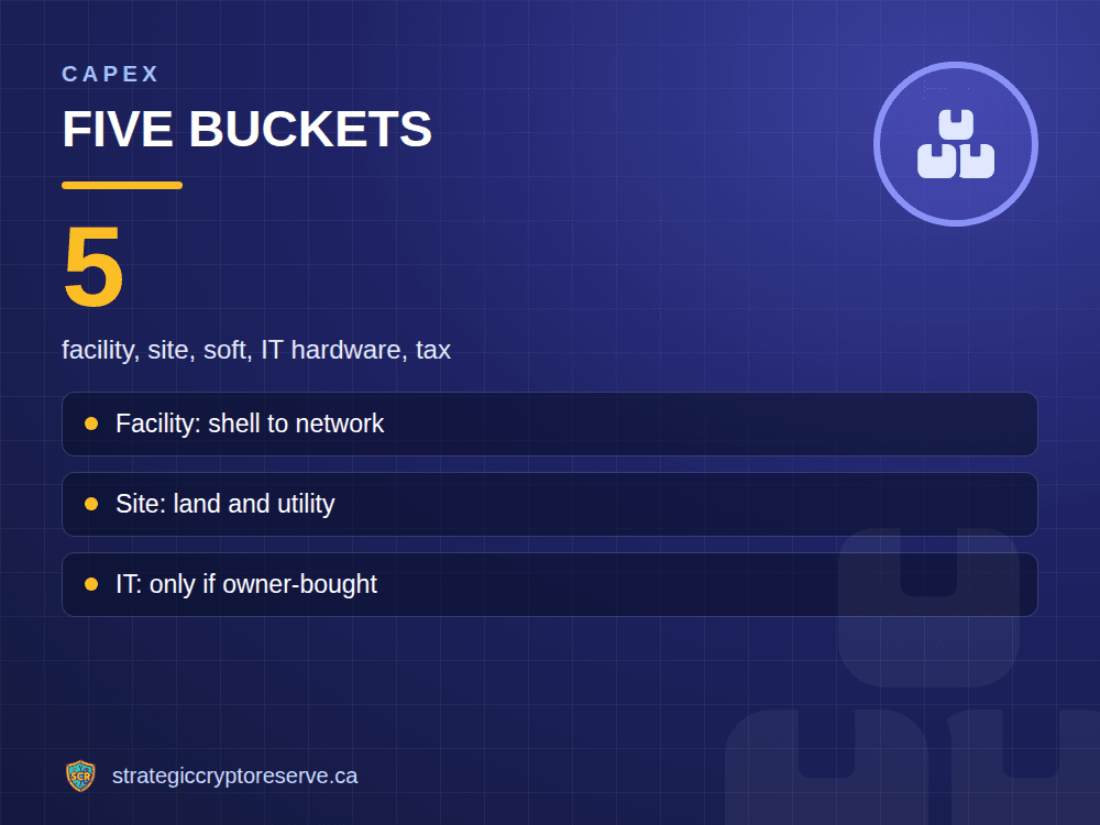 Five buckets: facility, site, soft, IT hardware, tax