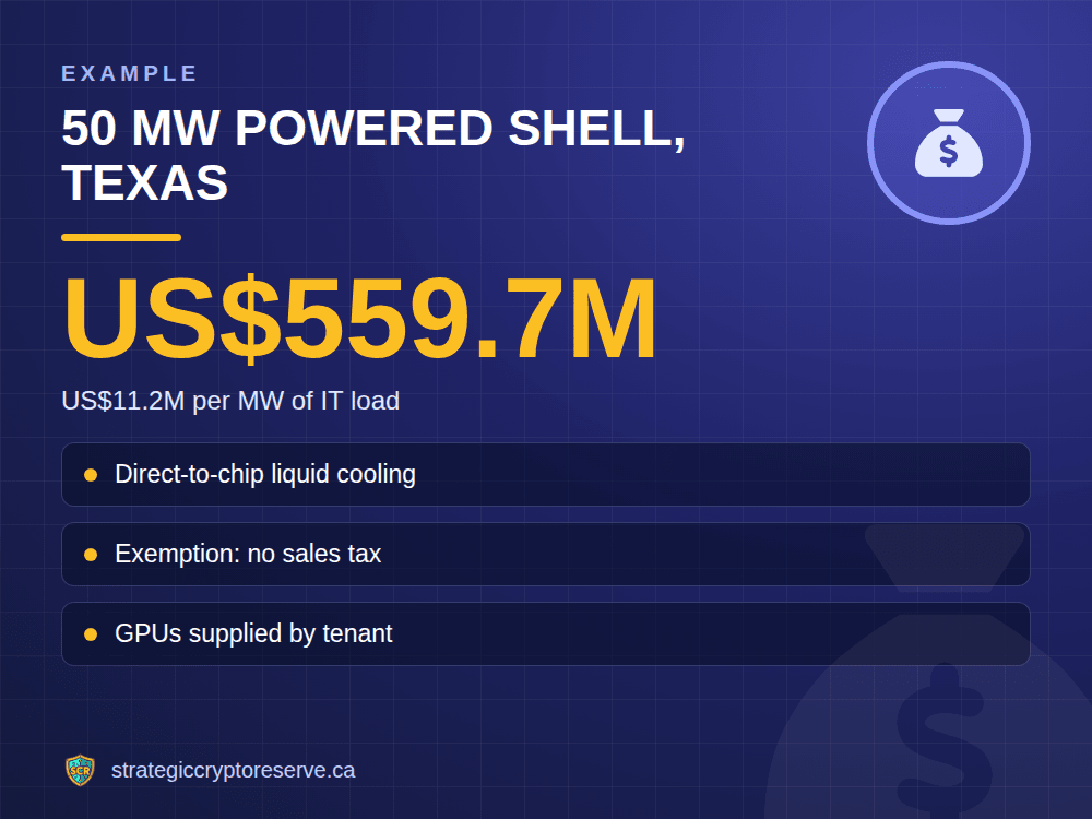 50 MW powered shell, Texas: US$11.2M per MW of IT load