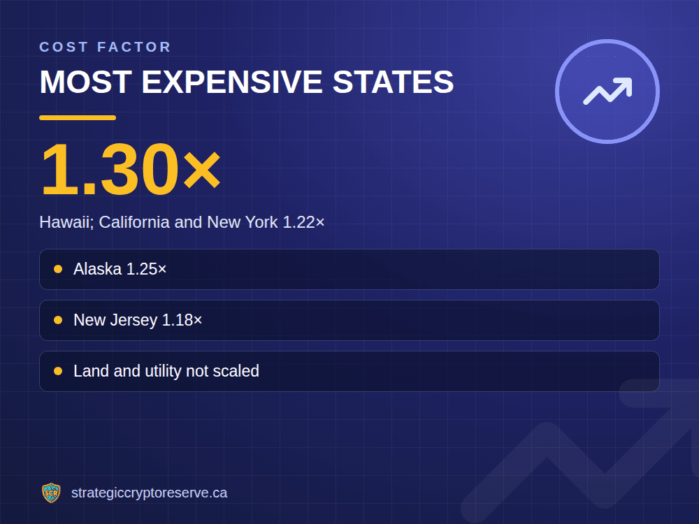 Most expensive states: Hawaii; California and New York 1.22×