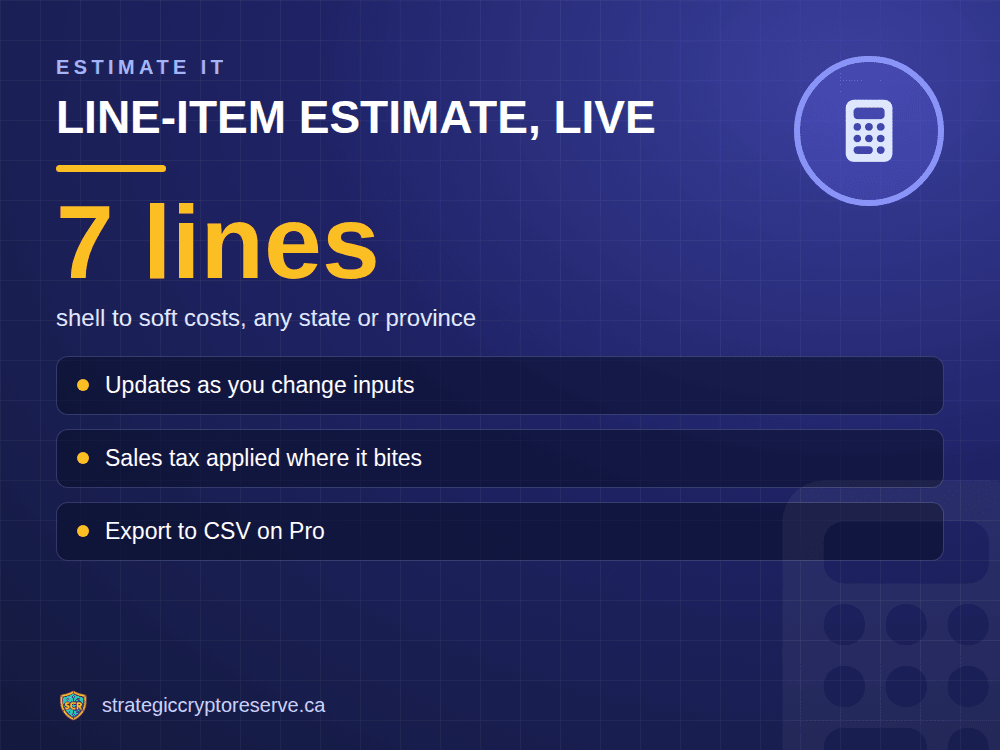 Line-item estimate, live: shell to soft costs, any state or province