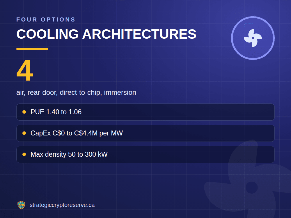 Cooling architectures: air, rear-door, direct-to-chip, immersion