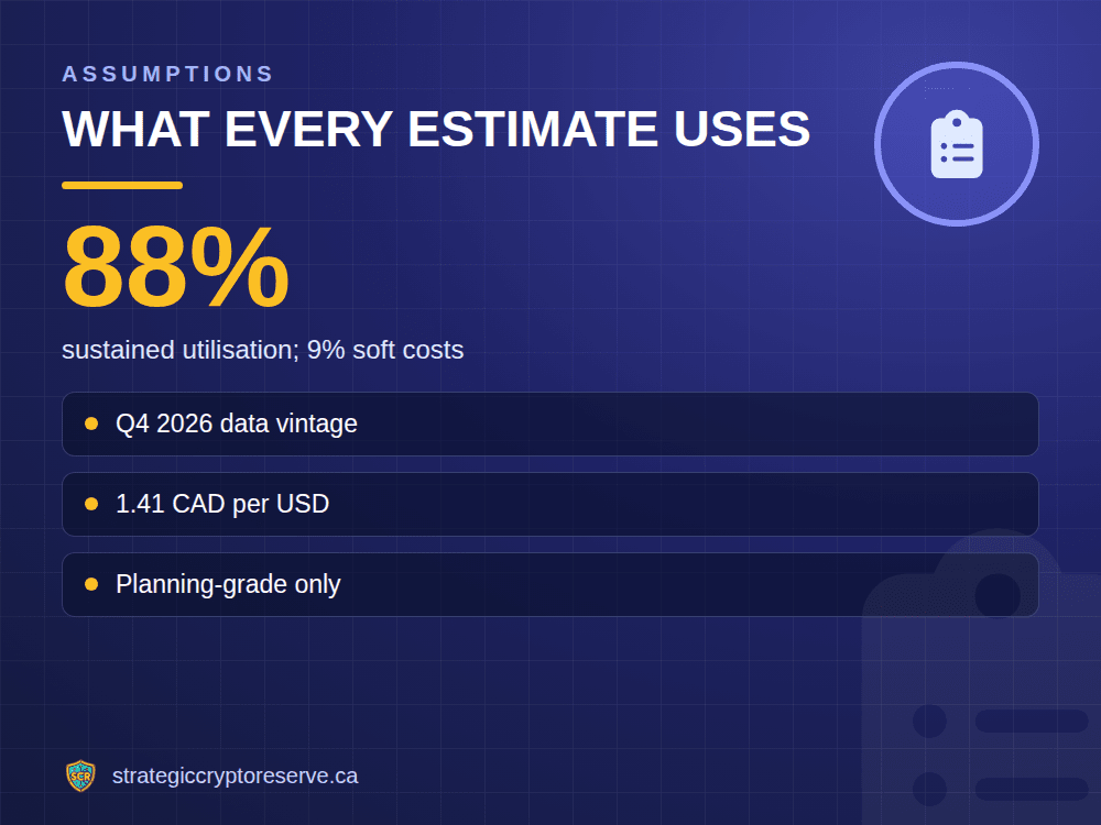 What every estimate uses: sustained utilisation; 9% soft costs