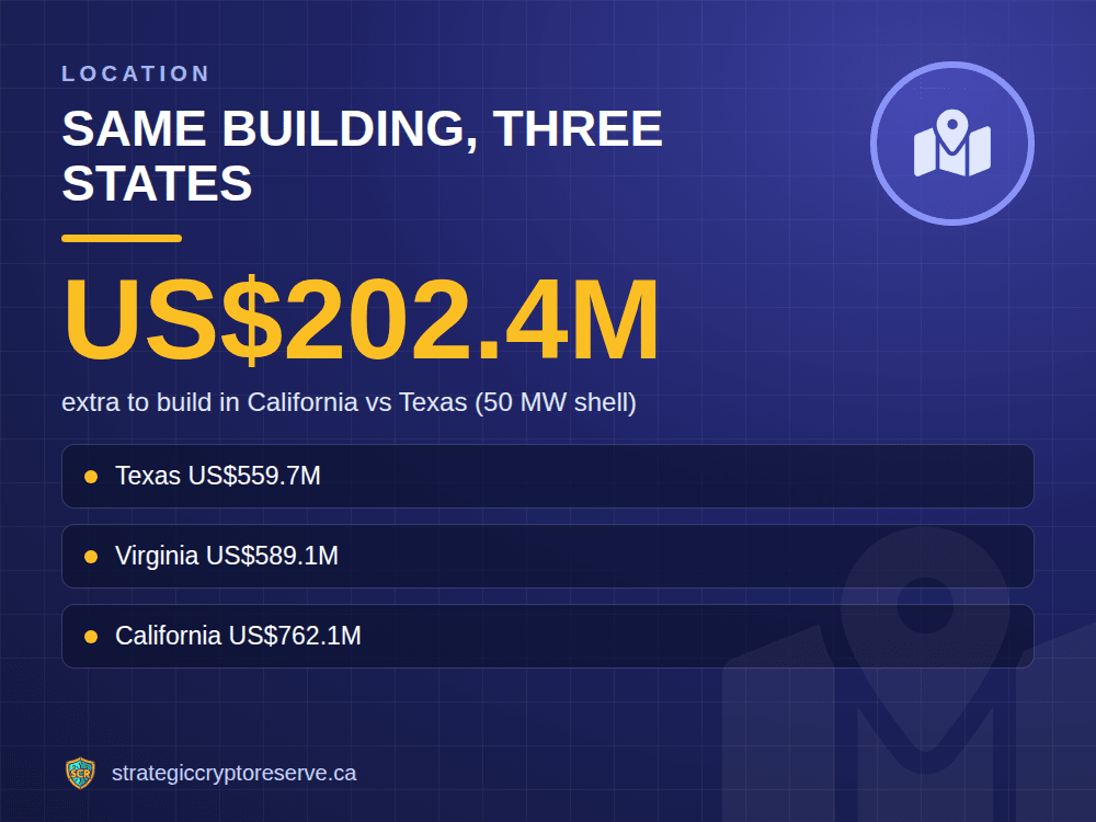Same building, three states: extra to build in California vs Texas (50 MW shell)