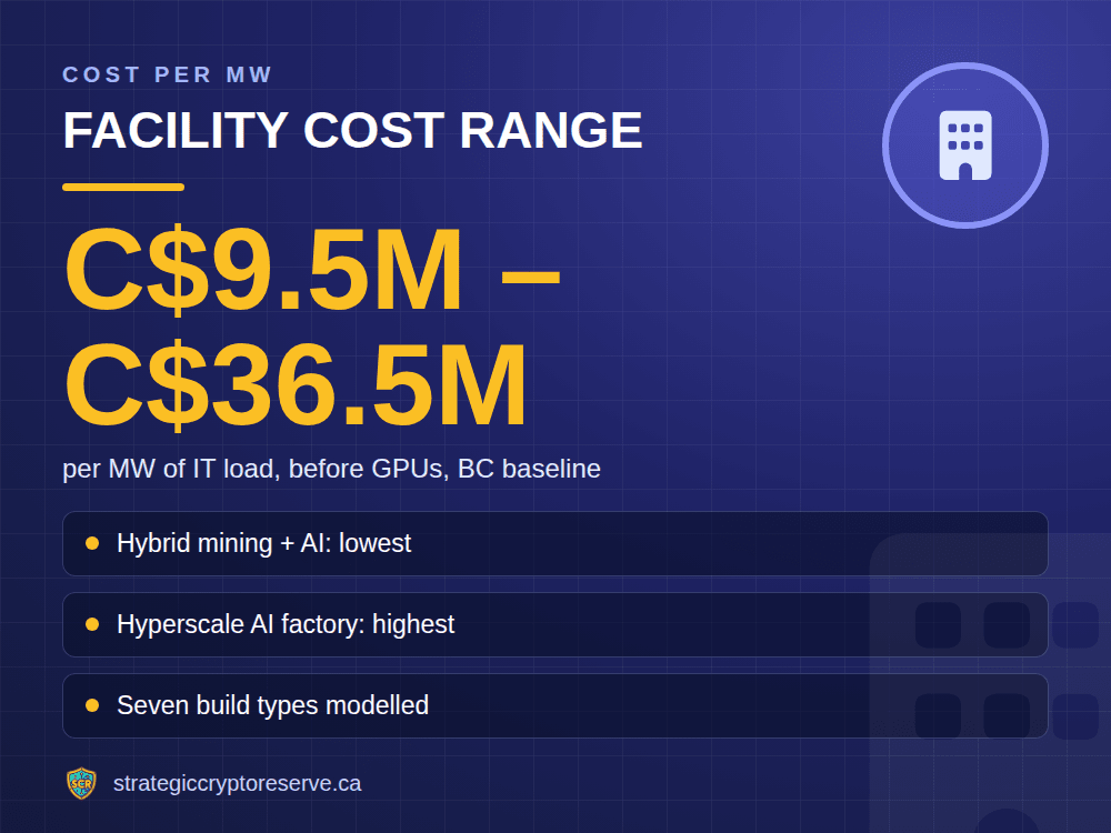 Facility cost range: per MW of IT load, before GPUs, BC baseline