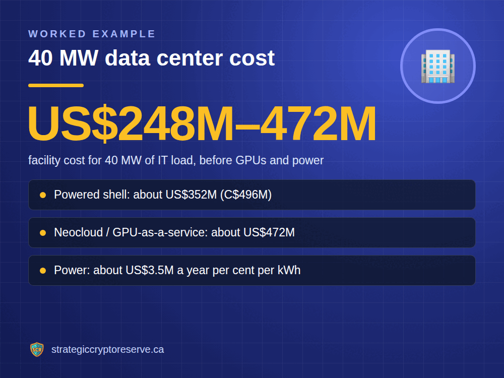 40 MW data center cost: US$248M to US$472M facility cost before GPUs