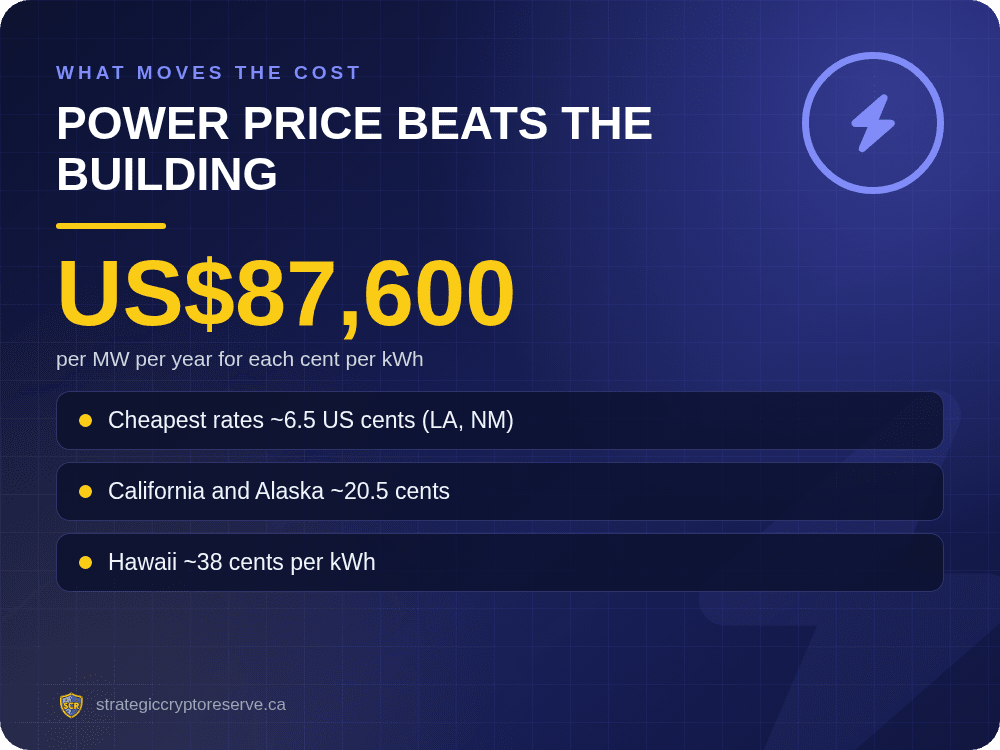 Power price beats the building: per MW per year for each cent per kWh