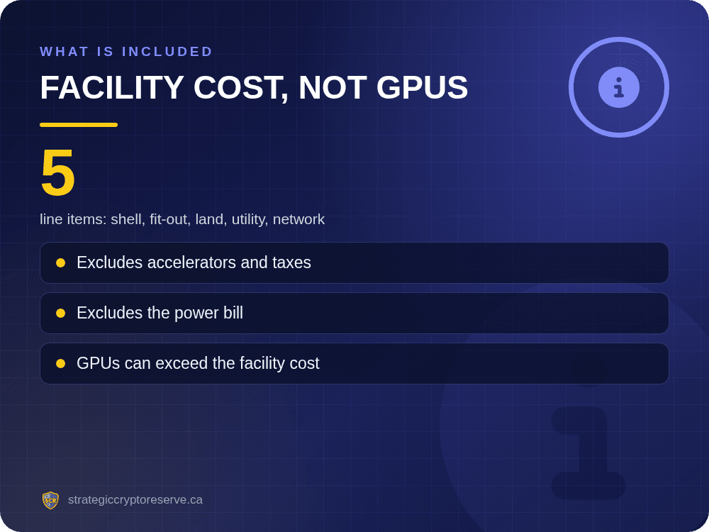 Facility cost, not GPUs: line items: shell, fit-out, land, utility, network