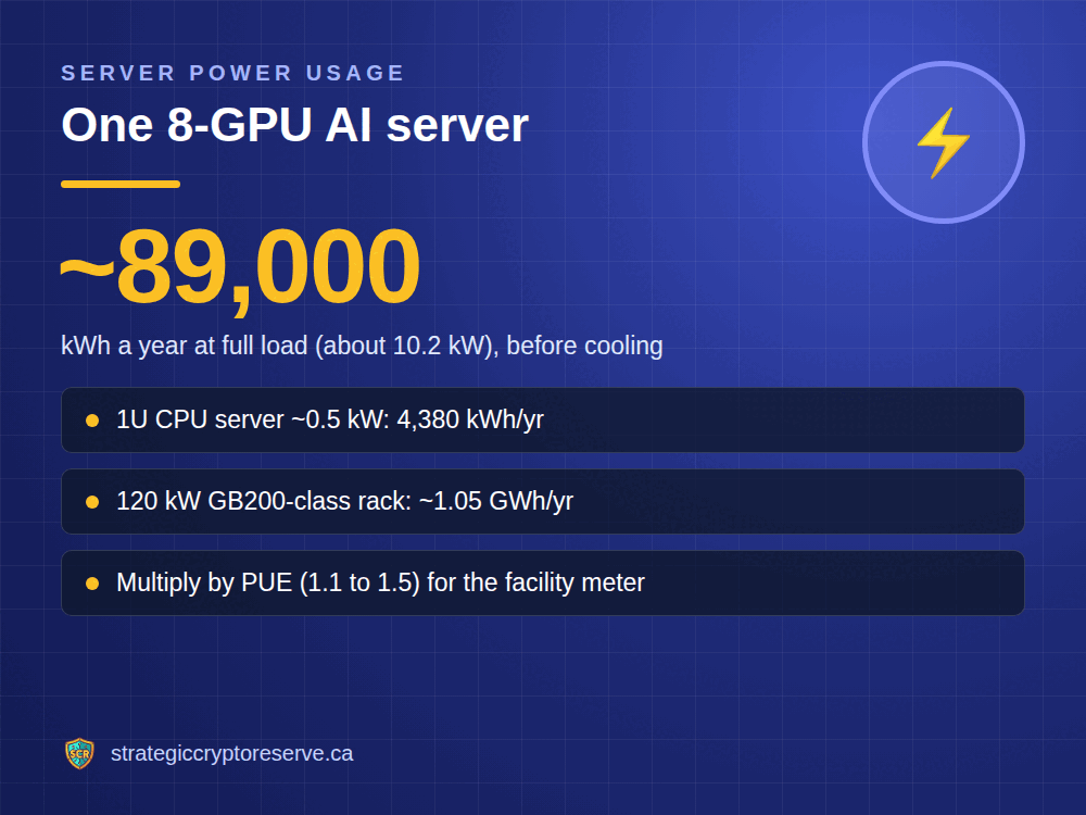 Server power usage: an 8-GPU AI server uses about 89,000 kWh a year