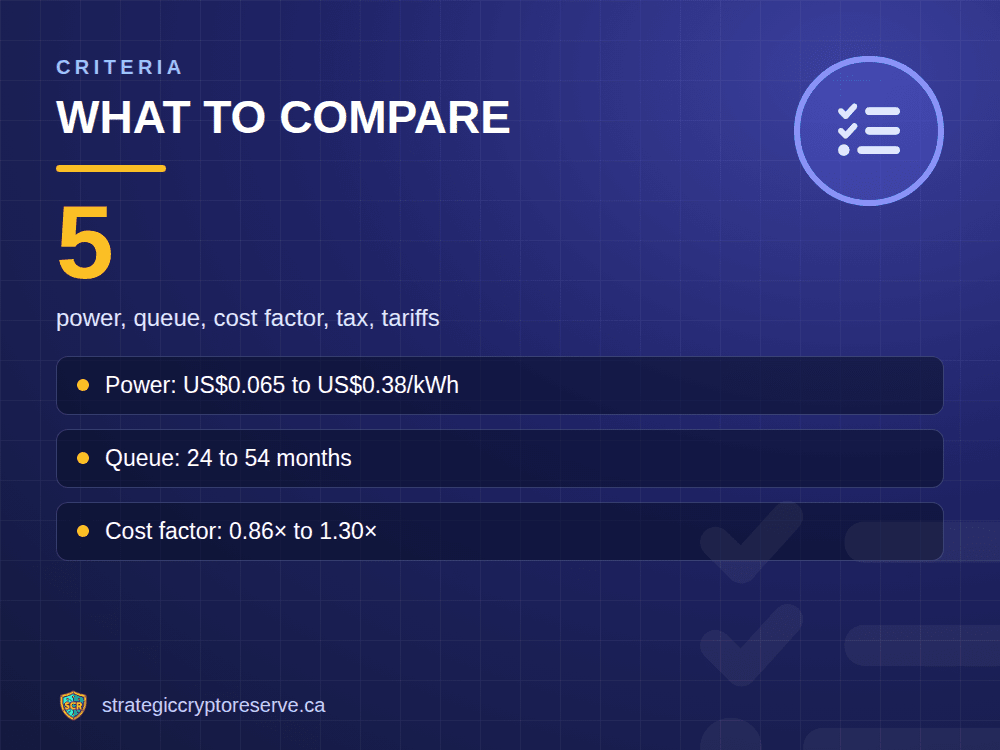 What to compare: power, queue, cost factor, tax, tariffs