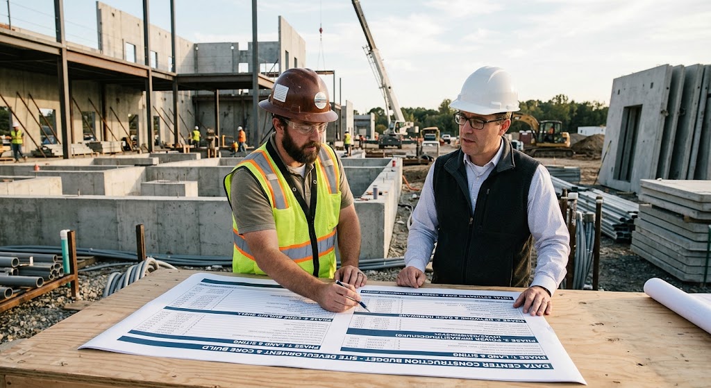 Engineers reviewing a data center construction budget, phase by phase, on site
