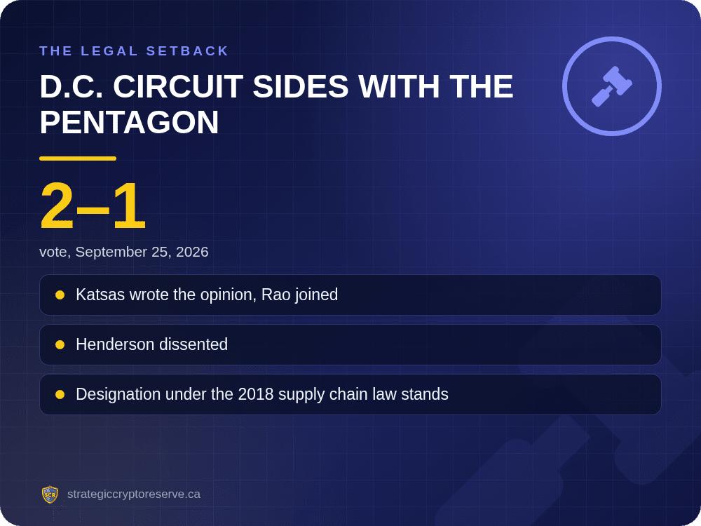 D.C. Circuit upholds Pentagon Claude supply chain designation 2-1 on September 25 2026: Katsas and Rao, Henderson dissenting