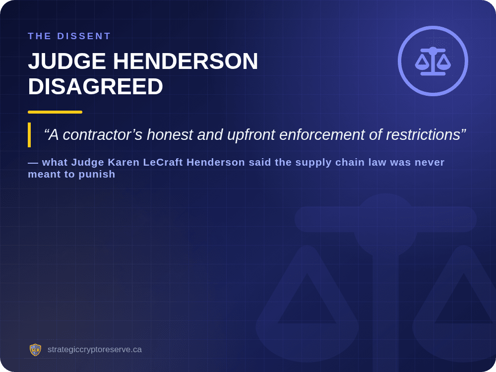 Judge Karen LeCraft Henderson dissent: honest and upfront enforcement of restrictions is not a supply chain risk