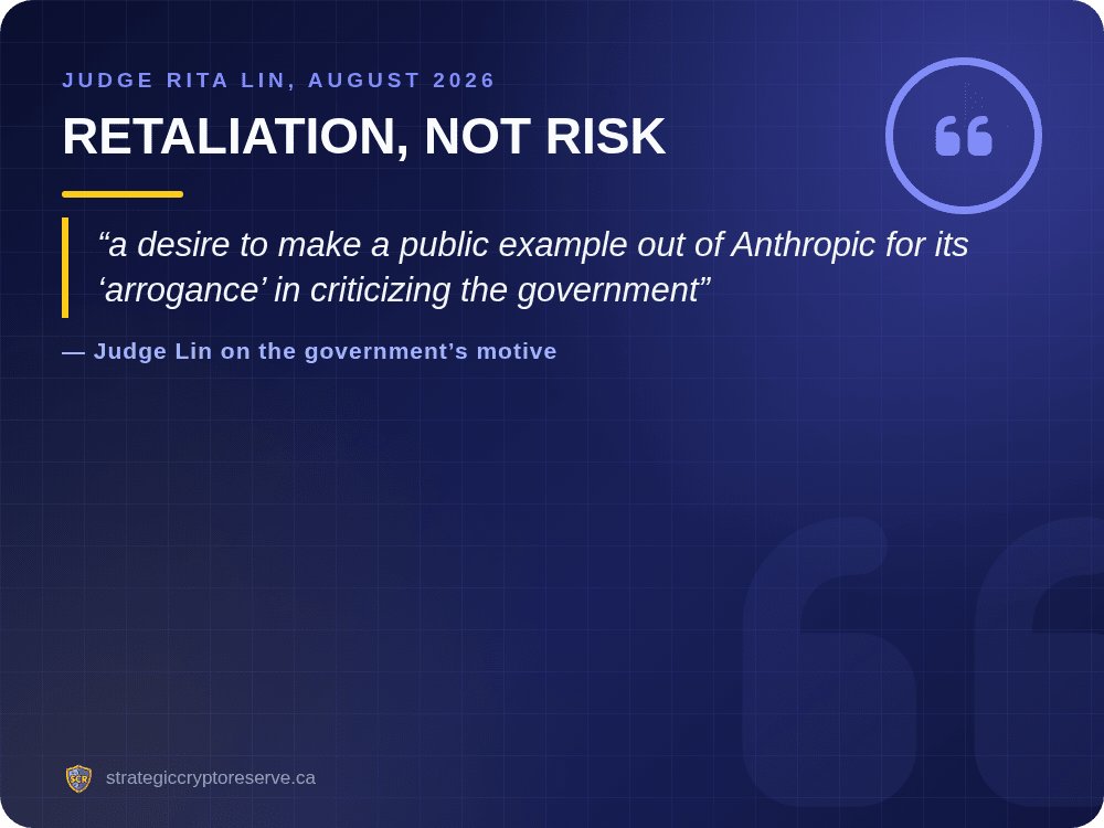 Judge Rita Lin quote: a desire to make a public example out of Anthropic for its arrogance in criticizing the government