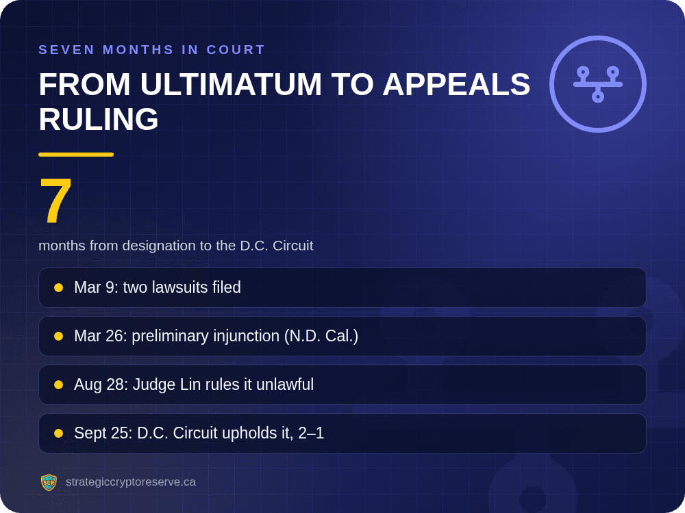 Timeline of the Pentagon Anthropic dispute: lawsuits March 9, injunction March 26, Lin ruling August 28, D.C. Circuit September 25