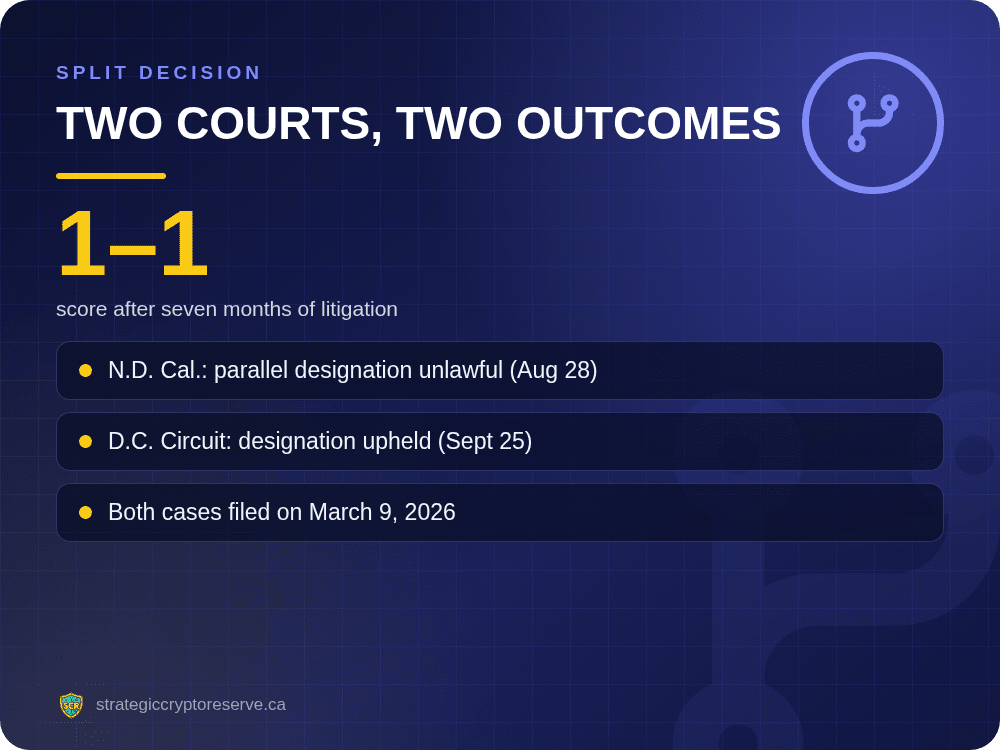 Two courts, two outcomes: N.D. California ruled the designation unlawful, D.C. Circuit upheld it