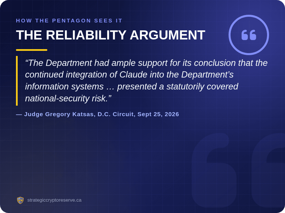 Quote from Judge Gregory Katsas: continued integration of Claude presented a statutorily covered national-security risk