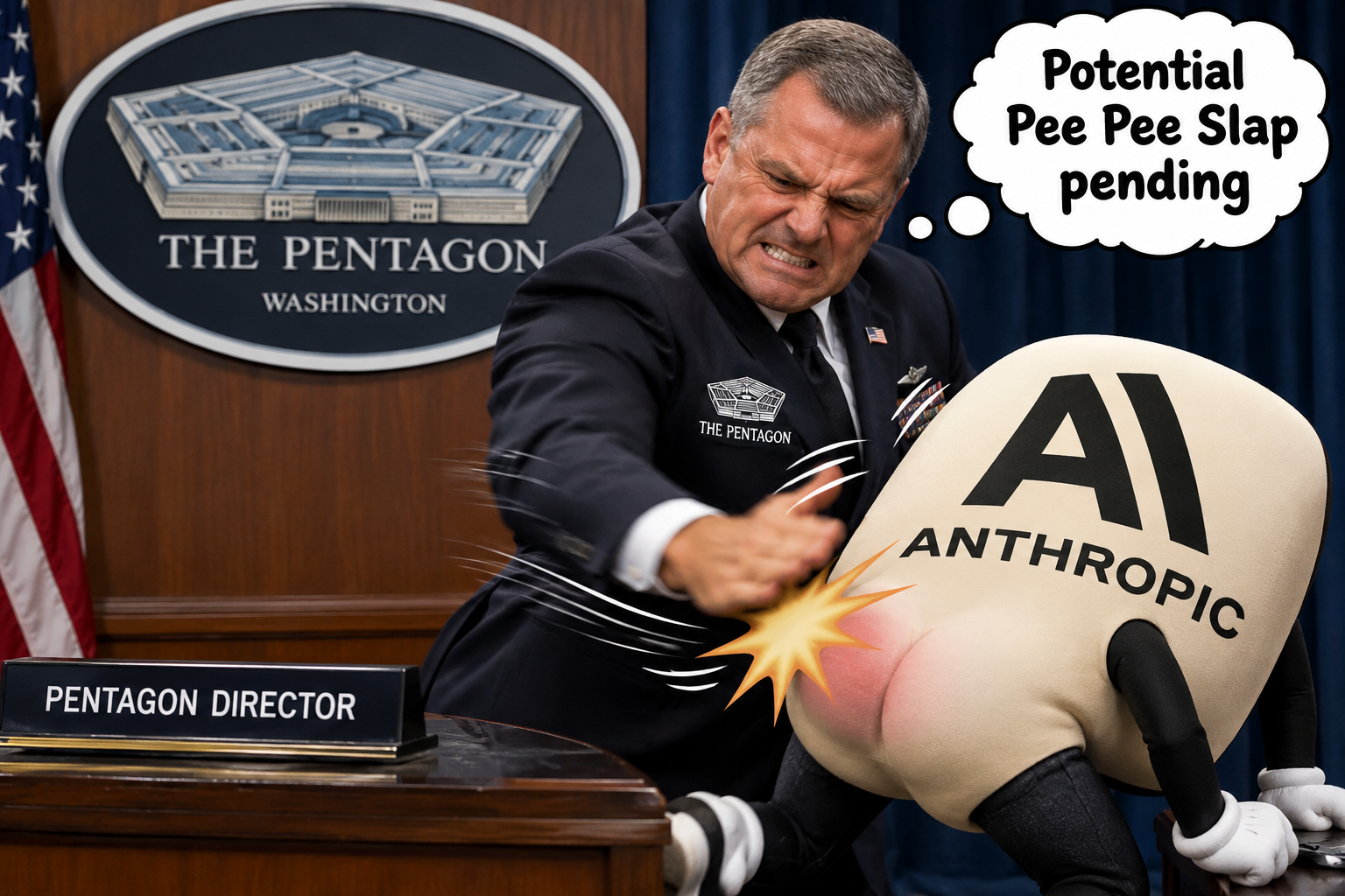 Satirical illustration: a uniformed Pentagon official slapping an Anthropic AI mascot at a Pentagon podium, commentary on the Pentagon ruling Claude a supply chain risk