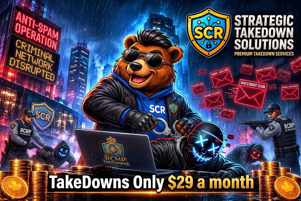 SCR bear taking down an email scammer: phishing takedowns only $29 a month