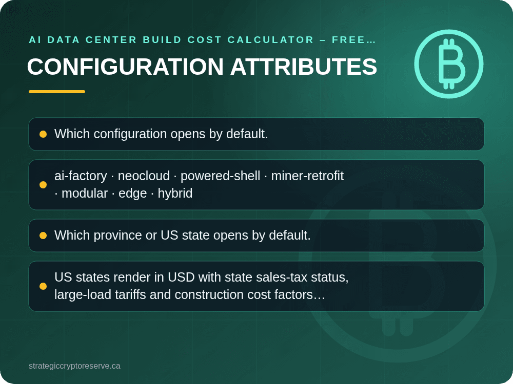 Configuration Attributes: AI Data Center Build Cost Calculator – Free Live Demo