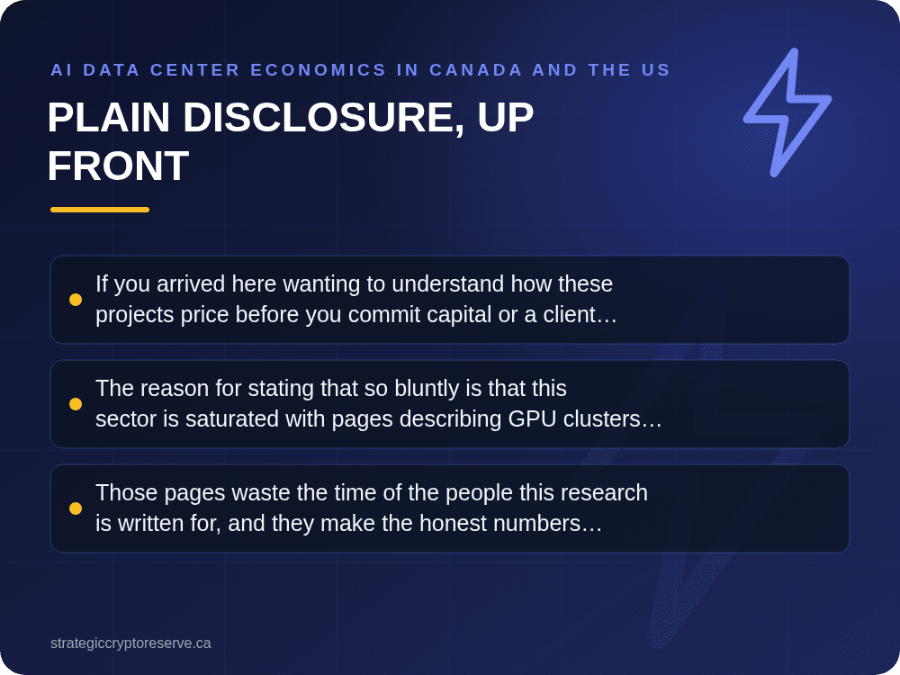Plain disclosure, up front: AI Data Center Economics in Canada and the US