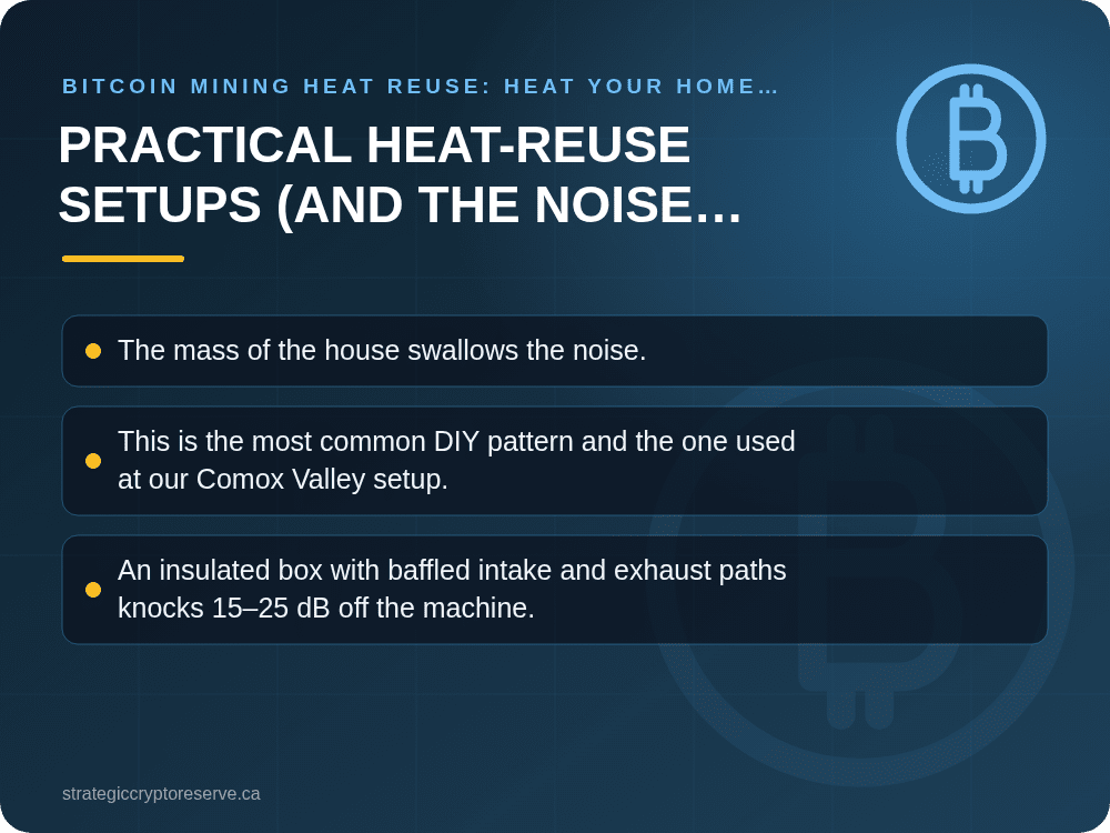 Practical Heat-Reuse Setups (and the Noise Problem): Bitcoin Mining Heat Reuse: Heat Your Home with ASIC Miners in BC