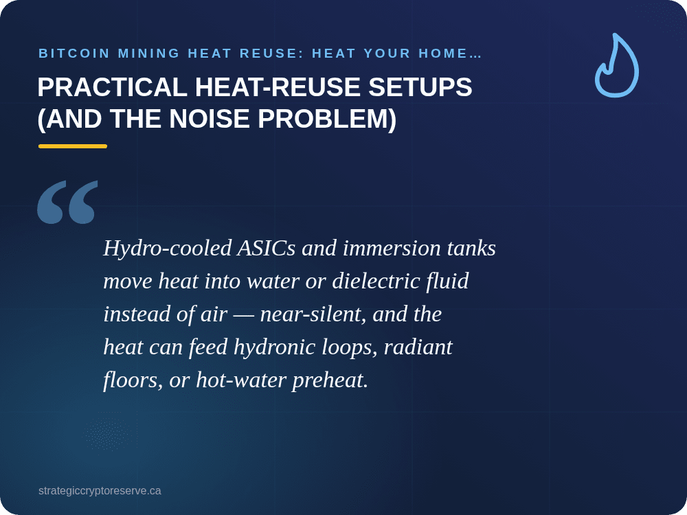 Practical Heat-Reuse Setups (and the Noise Problem): Bitcoin Mining Heat Reuse: Heat Your Home with ASIC Miners in BC